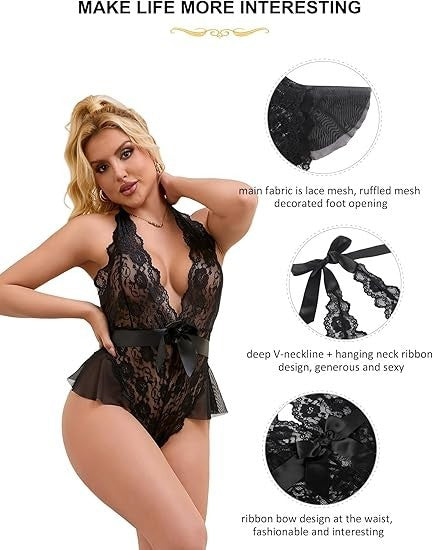 ohmydear Women Black XS-S Teddy Deep Sexy One Piece Lace Babydoll V Lingerie Plu