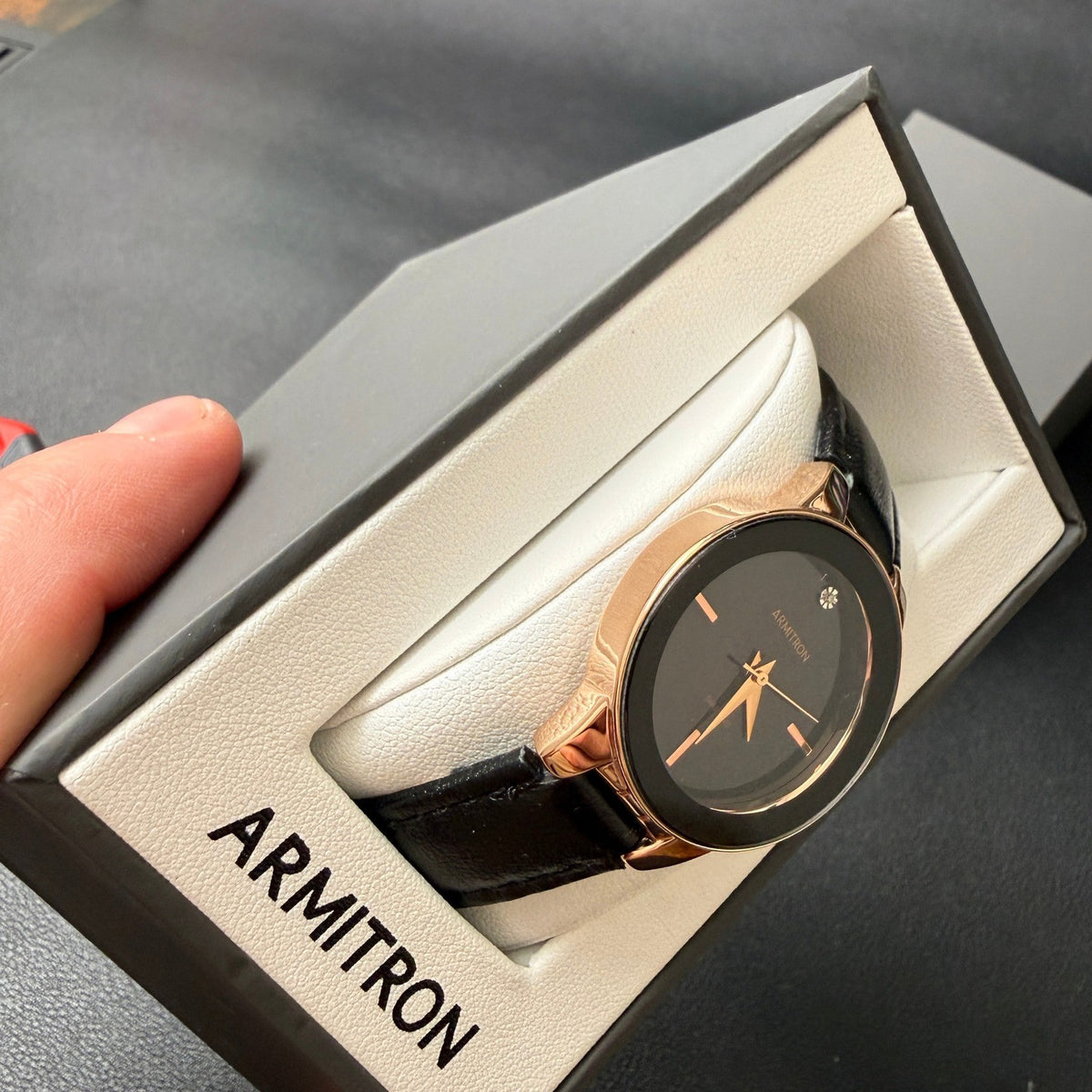 MSRP $50 Armitron 75/5410RG Rose Gold Womens Diamond Black Dial Watch New Batt