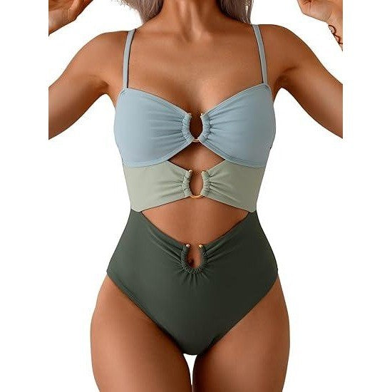 MSRP $48 Eomenie Women's S Green Color Block Cutout One Piece Swimsuit with Ri