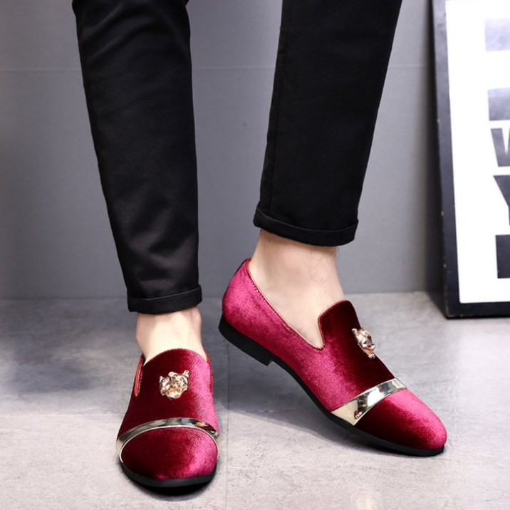 Santimon Mens Red US 6.5, 8 Velvet Loafers Golden Animal Buckle Slip-On Formal D