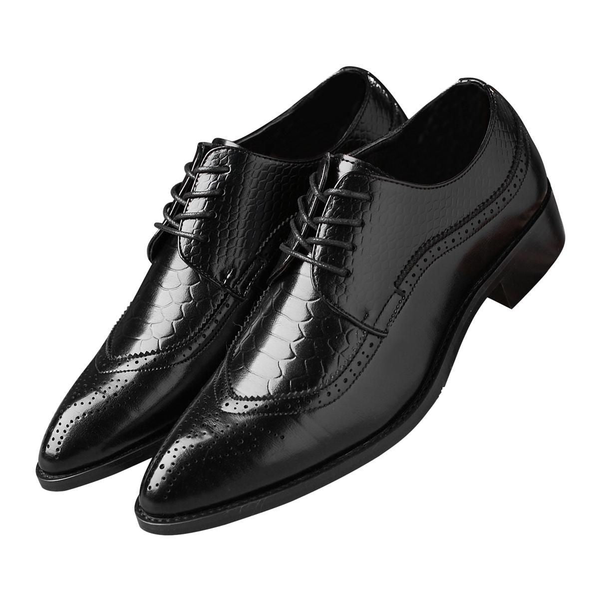 Santimon Men's US 9-12.5 Snake-Embossed Wingtip Brogue Dress Oxford Shoes Black