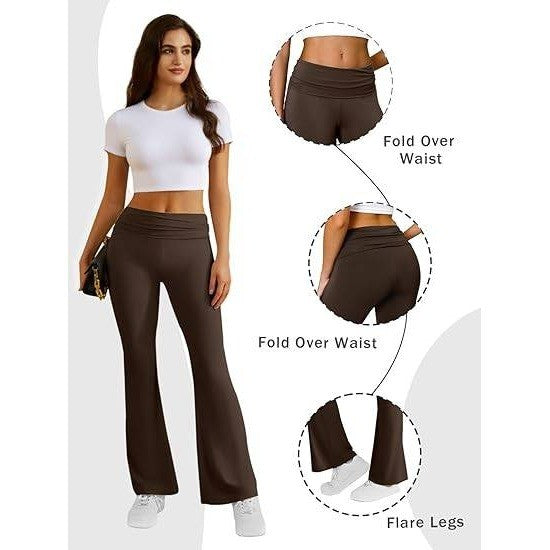 MSRP $19 COPYLEAF Women's Brown XS Flare Leggings Fold Over Yoga Pants Stretch