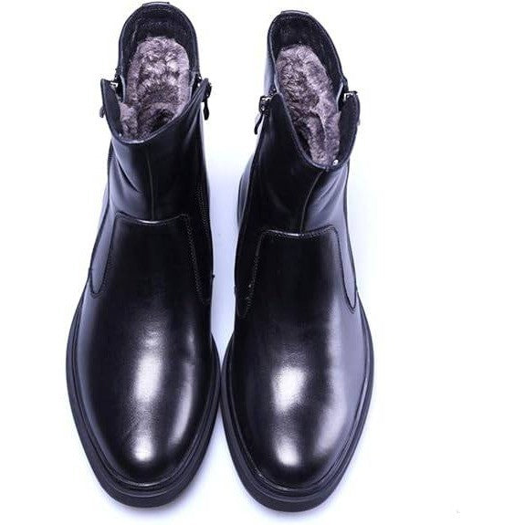 Santimon Men's US 8 Black Leather Zipper Winter Fur Lined Mid-Calf Dress Boots