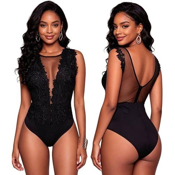 MSRP $40 RARITYUS Women's L Black Backless Sexy Lace Bodysuit Jumpsuit See