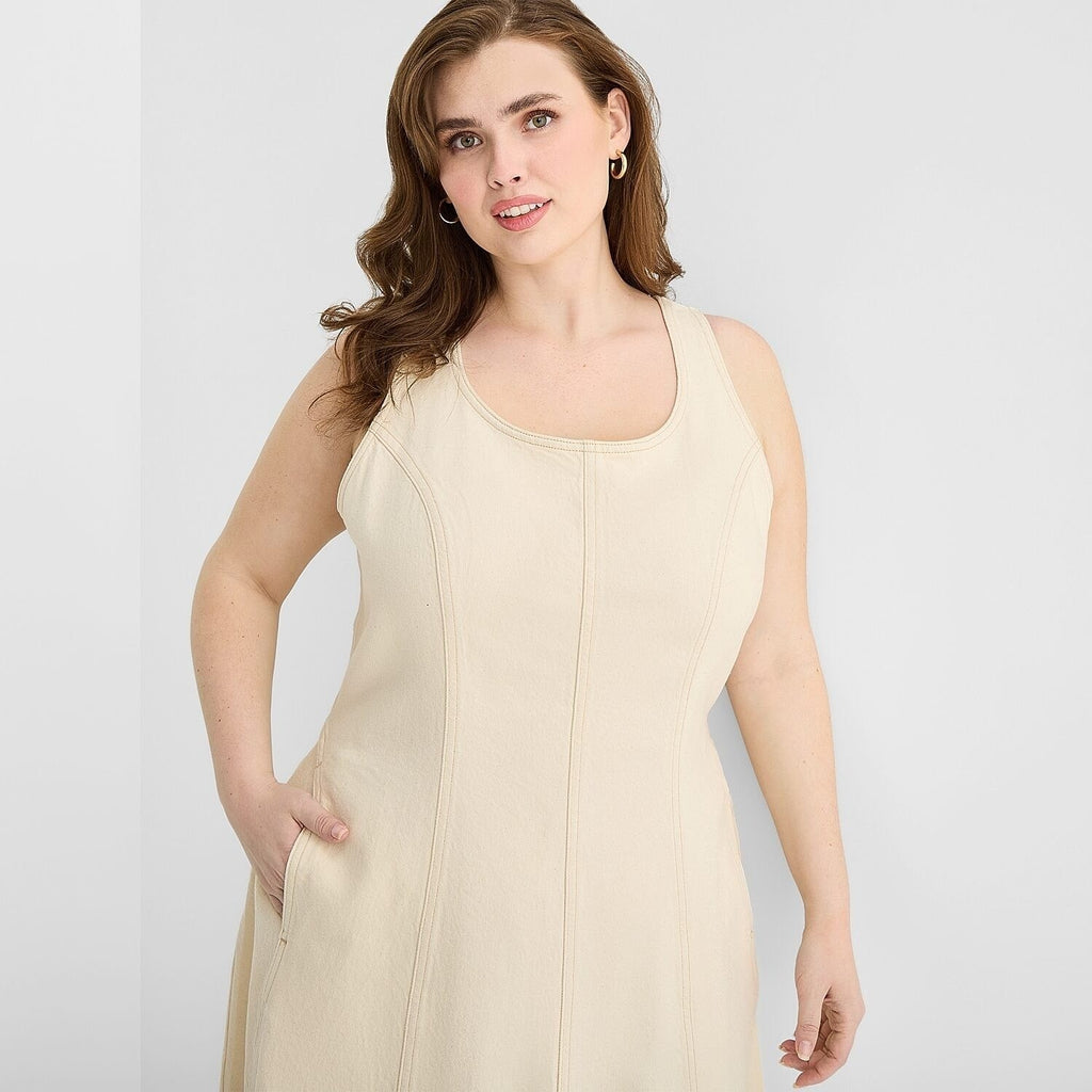 MSRP $78 A.N.A Womens 2X Ecru Midi U Neck Sleeveless Fit + Flare Dress