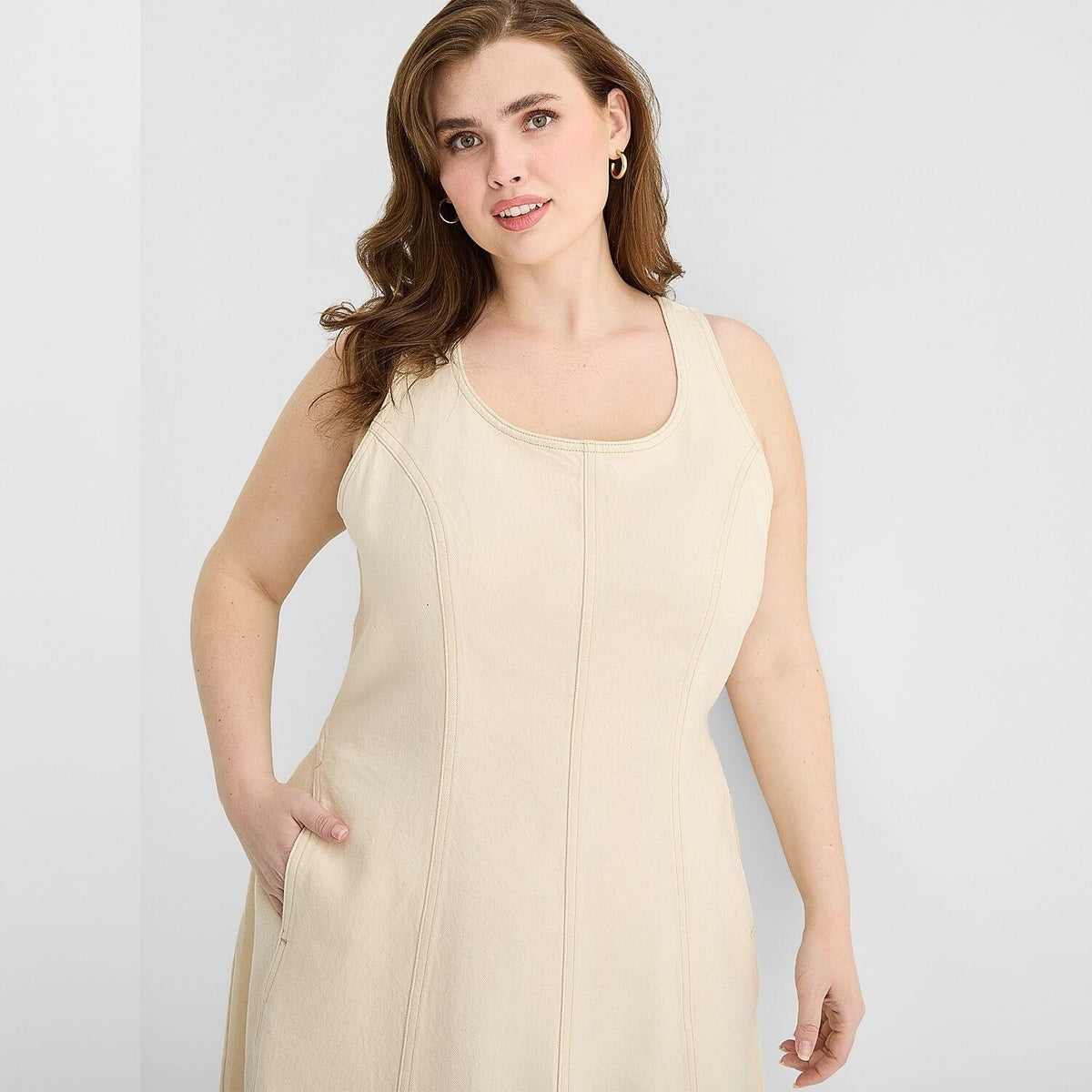 MSRP $78 A.N.A Womens 2X Ecru Midi U Neck Sleeveless Fit + Flare Dress