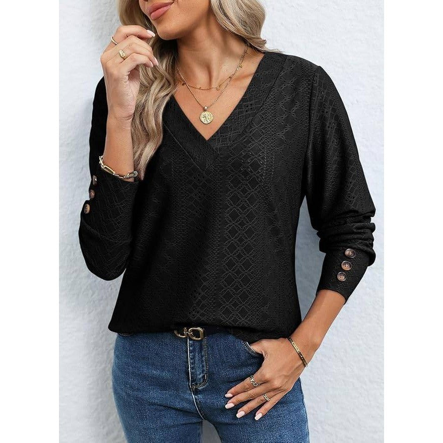 MSRP $24 Dokotoo Women's M Black V Neck Long Sleeve Eyelet Embroidered Blouse
