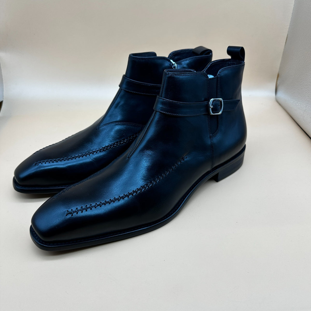 Santimon Men's US 7.5, 12 Black Leather Buckle Strap Zipper Ankle Dress Boots