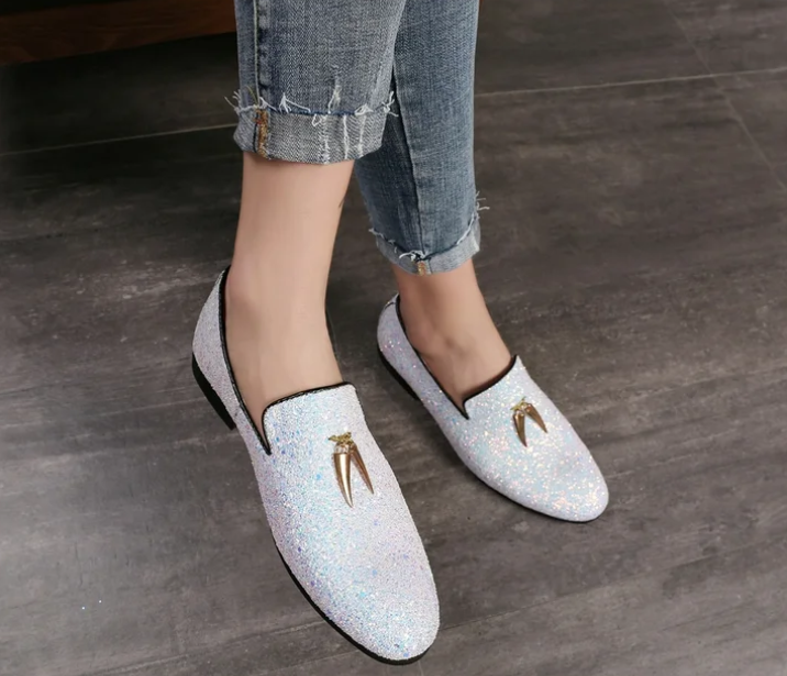 Santimon Men's US 6.5 - 12.5 White Glitter Slip-on Metal Tassels Loafers Shoes