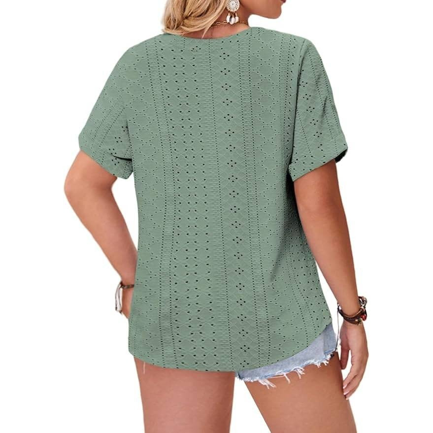 VISLILY Women's 3XL Summer Top Roll Short Sleeve V Neck T-Shirt Trendy Eyelet B