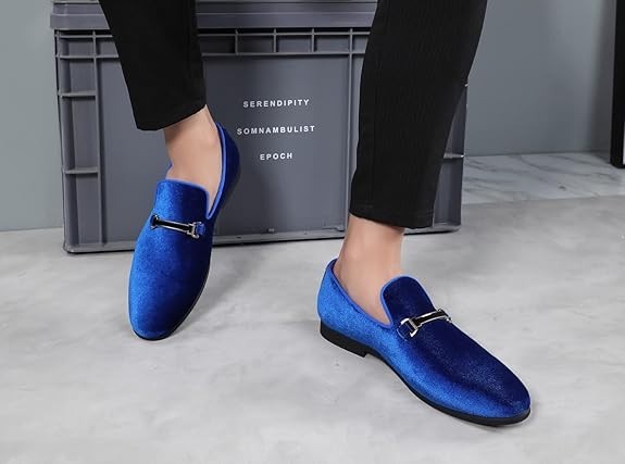 Santimon Men's US 6.5 - 12 Blue Velvet Loafers Horsebit Buckle Moccasin Shoes