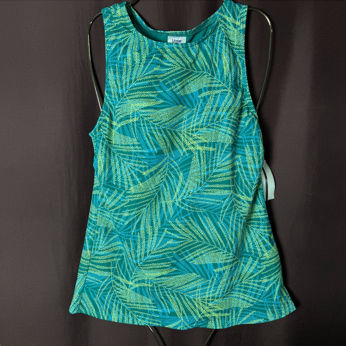 Lands' End Women's 4, 4 LONG High Neck Modest Tankini Green Swimsuit Top UPF 50