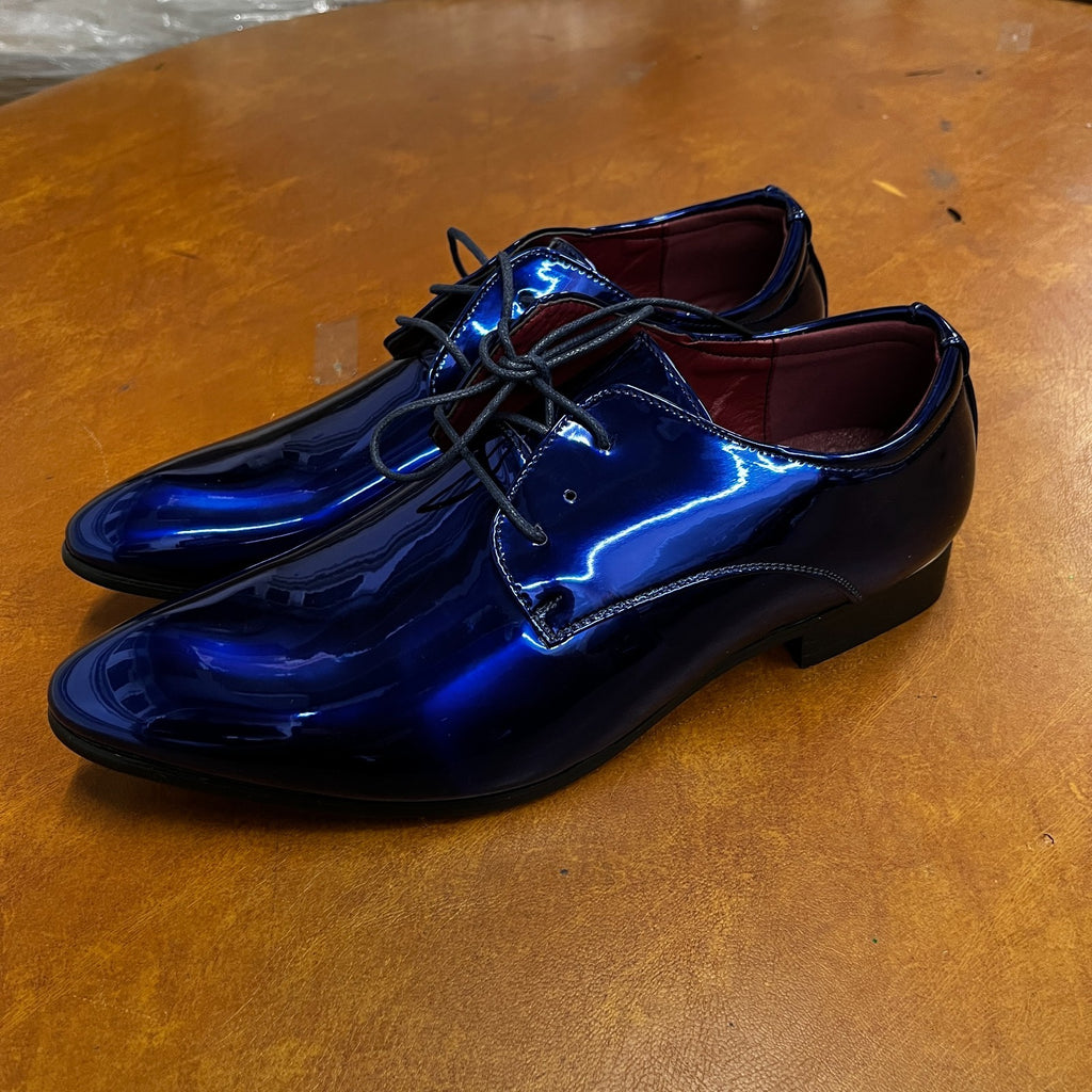 Santimon Men's US 7 - 11 Blue Patent Leather Shiny Derby Pointed Toe Shoes