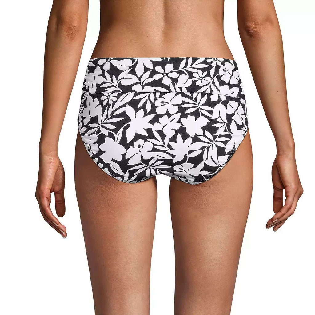 Lands' End Women's S LONG Fold Over Mid Waist Bikini Swim Bottoms Black Havana