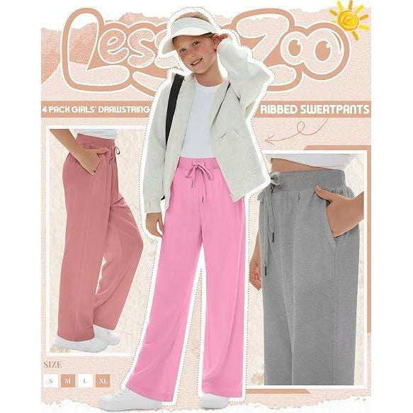 MSRP $70 LessonZoo 4 Pack Girls XL Wide Leg Sweatpants w/ Pockets Baggy Drawst