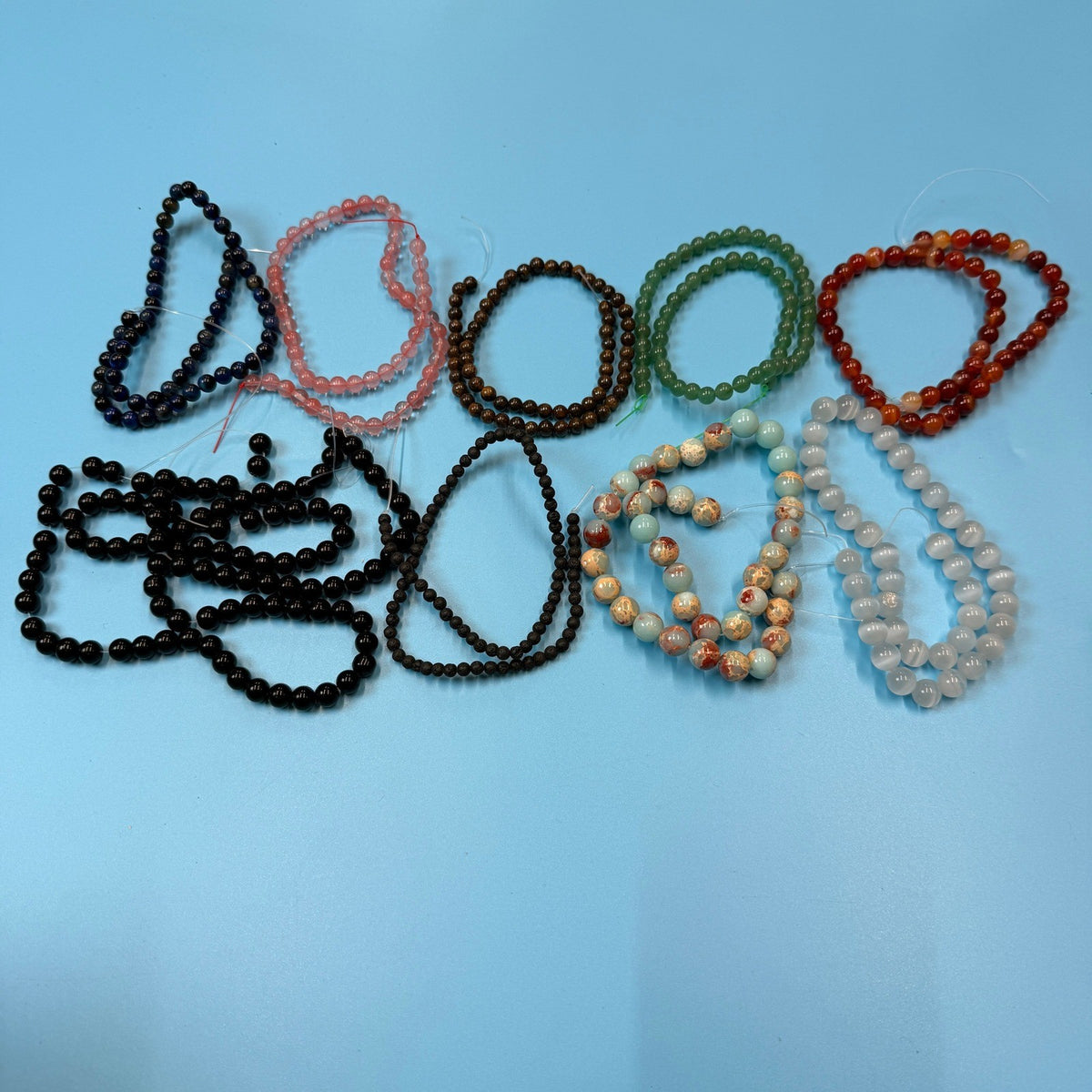 Set of 10 Natural Gemstone Round Beads Strands 15" Sizes 6,8,10 mm 11oz №B29