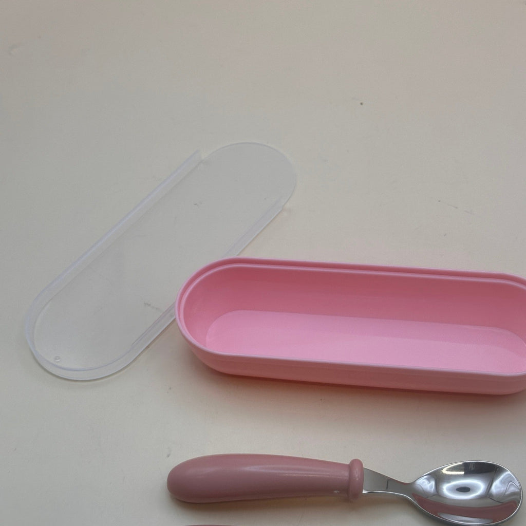 Set of 3 Kids Pink Stainless Steel Fork & Spoon w/ Storage Case Portable Travel