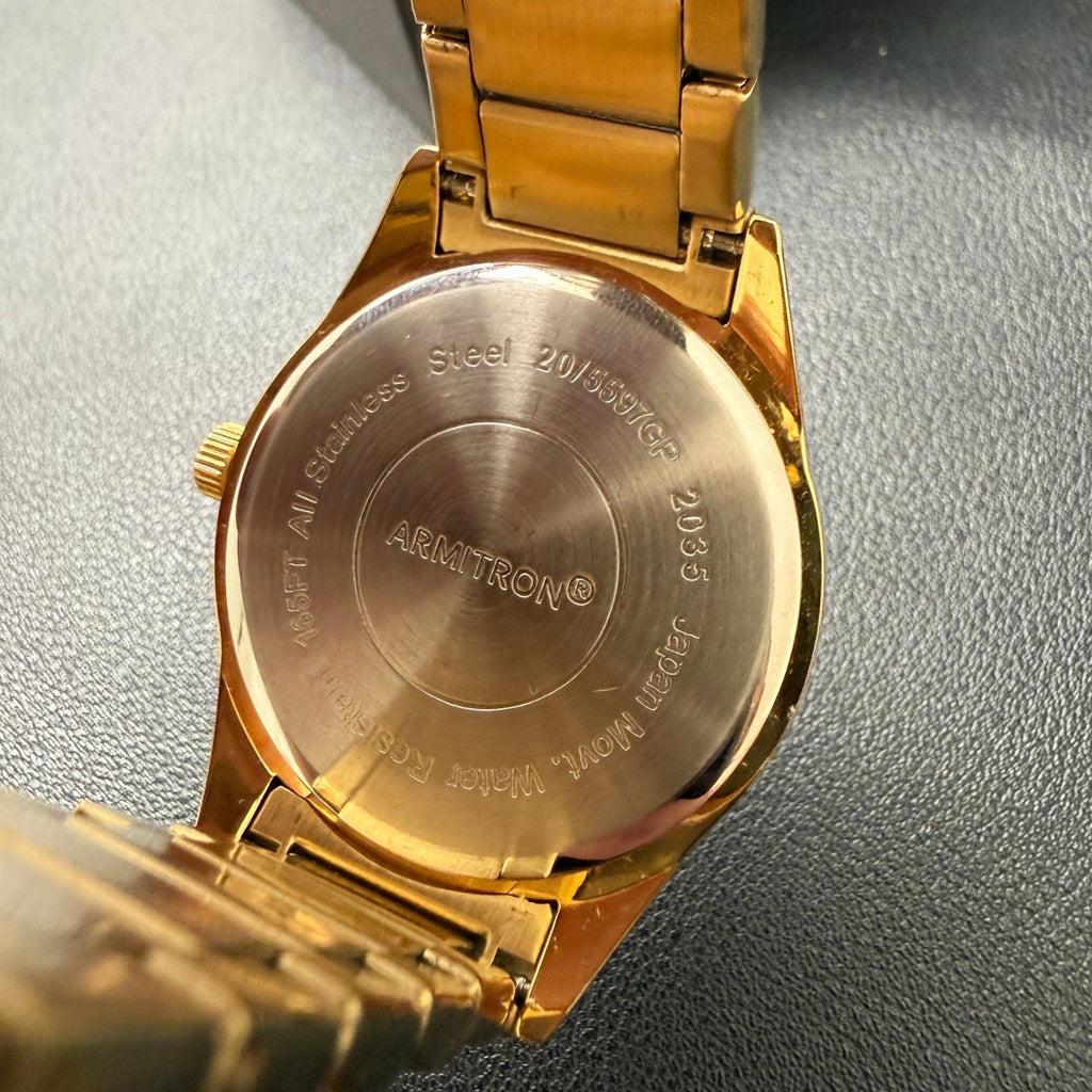 Armitron 20/5597GP Men's Black Dial Gold Tone Bracelet Watch New Battery Japan