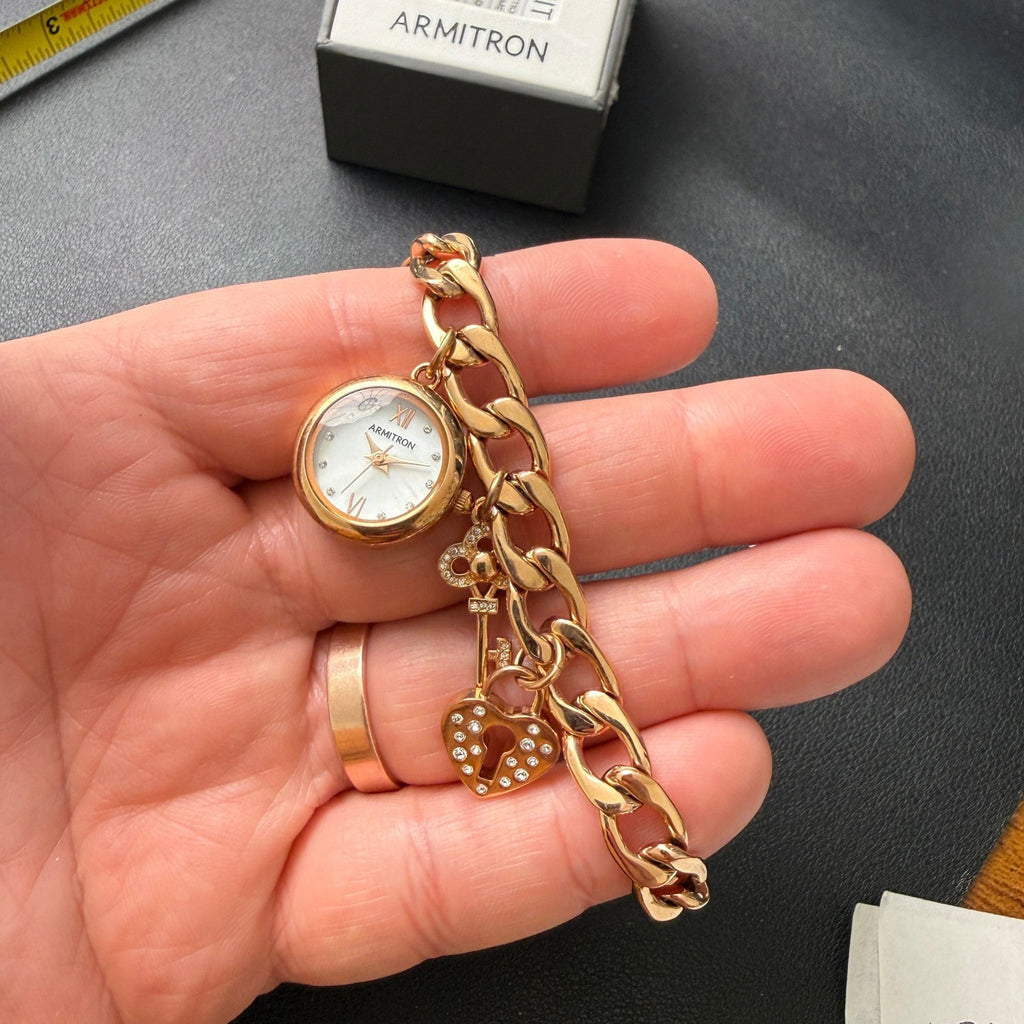 MSRP $90 Armitron Women's 75/5620RG Rose Gold Key & Lock Charm Watch New Batte