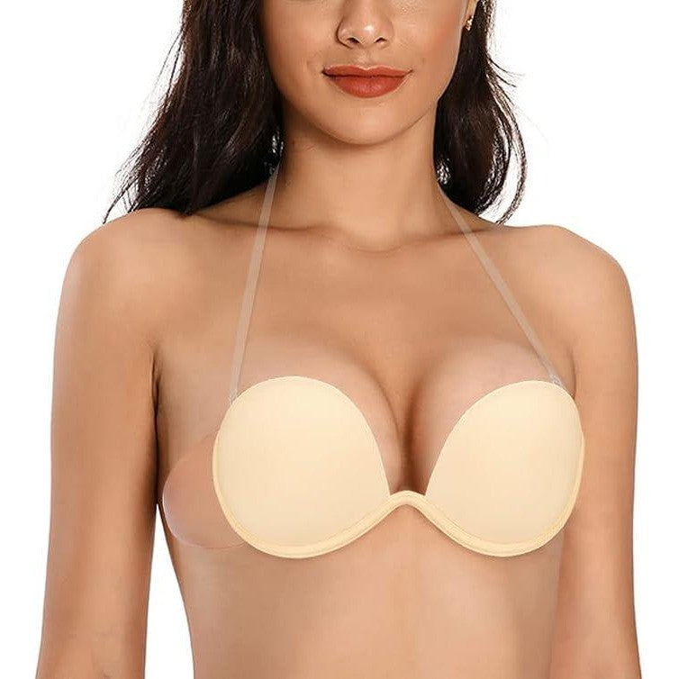 MSRP $34 JOATEAY Womens A-Cup Strapless Backless Bra Plunge Push Up Adhesive