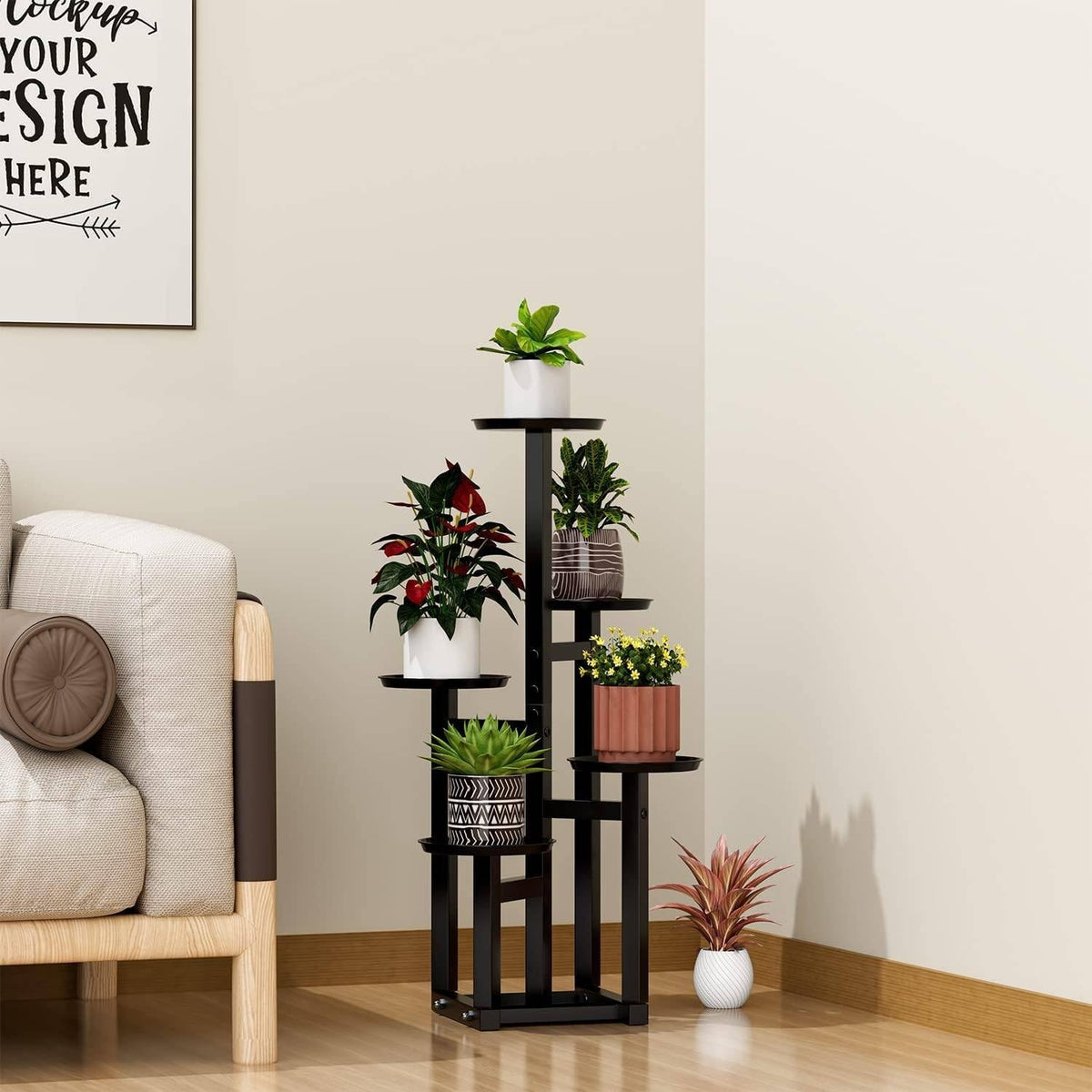 POTEY 5-Tier Black Metal Plant Stand, Tall Corner Display Shelf for Multiple