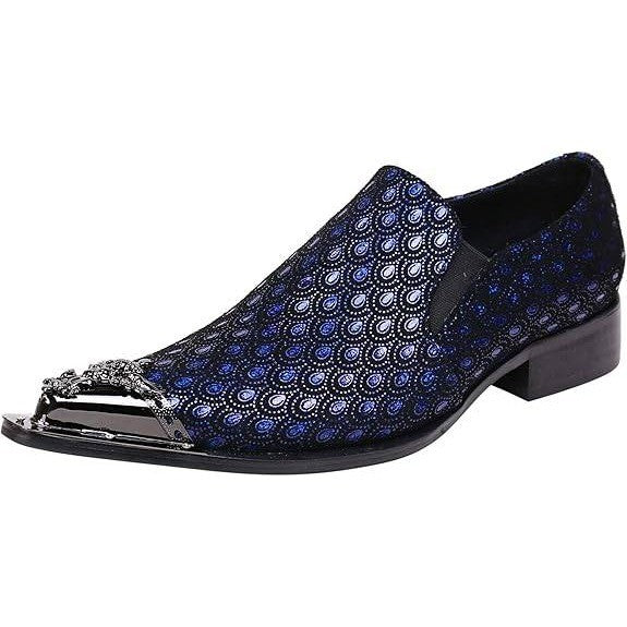 Santimon Men's US 9.5 Black/Blue Leather Metal Tip Western Loafers Dress Shoes