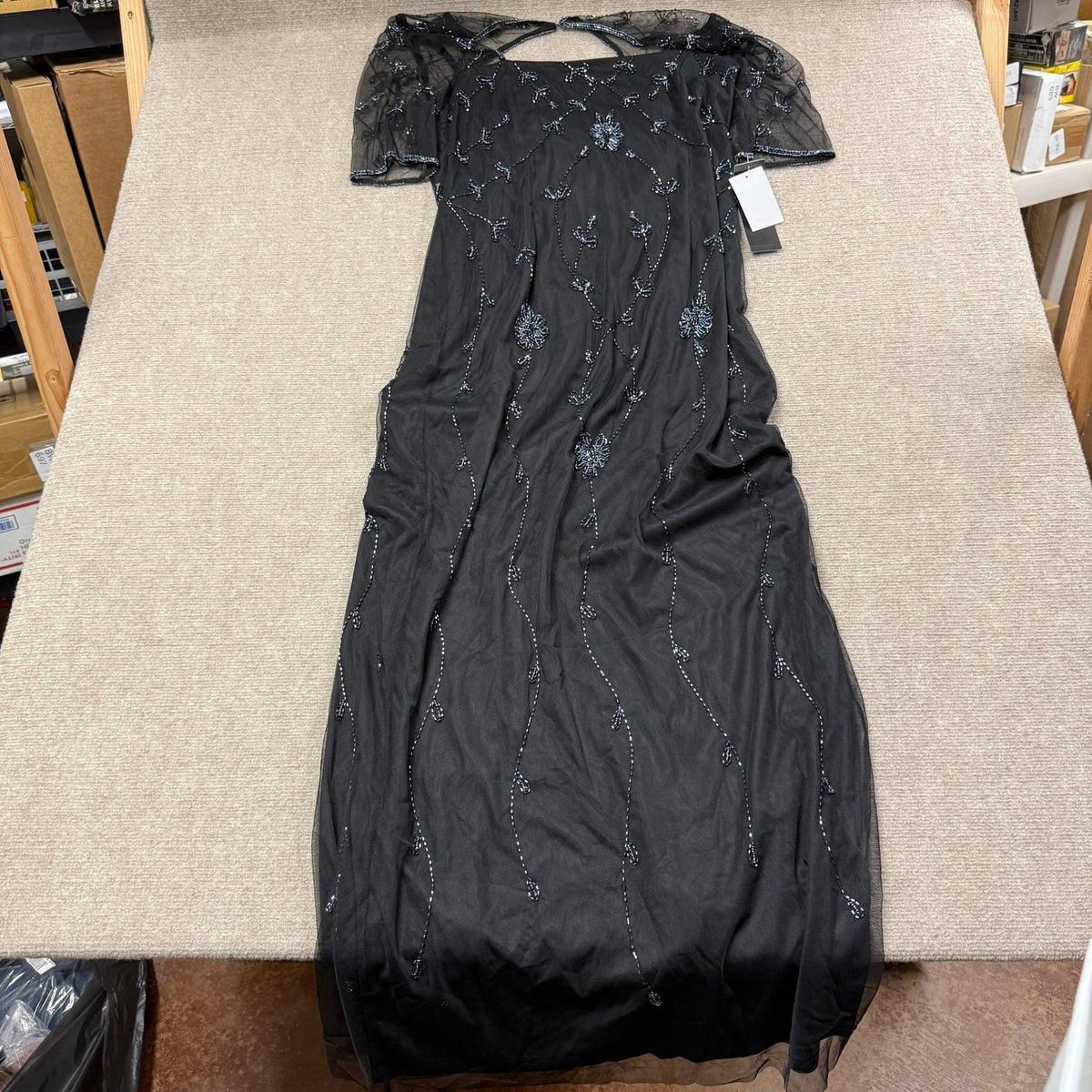 MSRP $160 Papell Boutique Womens 14 Black Evening Gown Square Neck 3/4 Sleeve