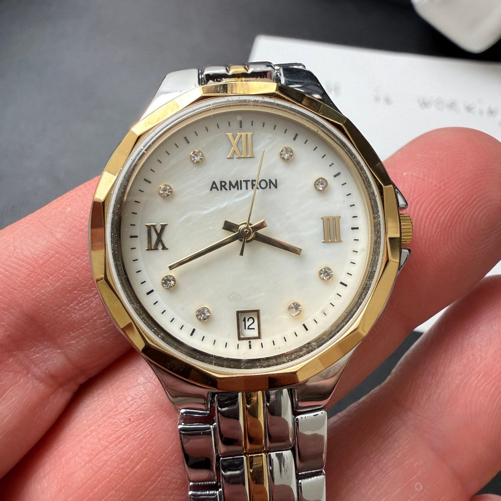 Armitron 75/5879TT Women's Two Tone Crystal Bracelet Watch Working BROKEN BAND
