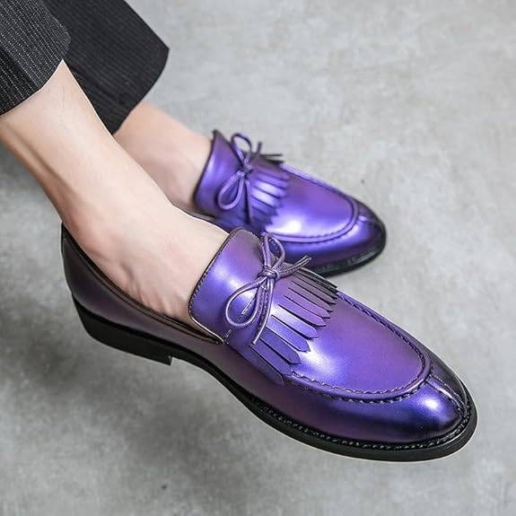 Santimon Men's US 8 Purple Moc Toe Kiltie Bow Slip On Loafers Casual Boat Shoes