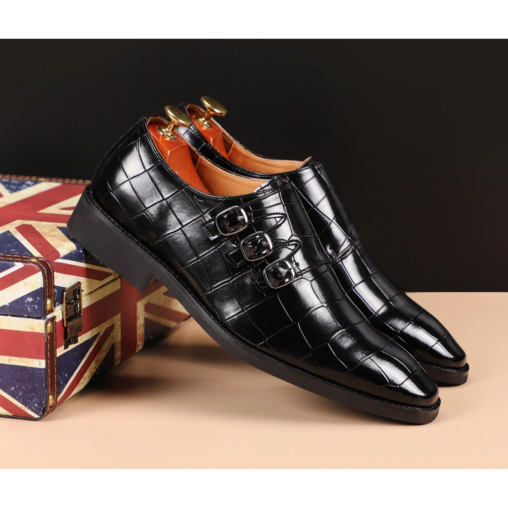 Santimon Men's US 10 Black Monk Strap Loafers Triple Buckles Dress Shoes
