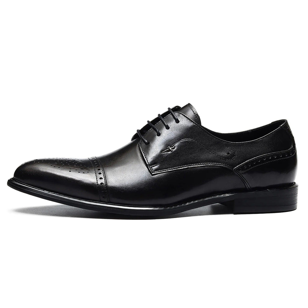 Santimon Mens US 9.5 Black Leather Pointed Toe Brogues Derby Lace Up Dress Shoes