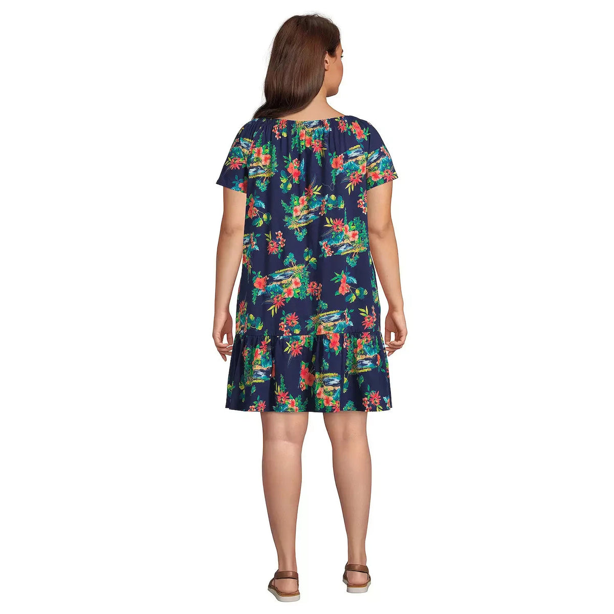 Lands' End Women's L LONG Off the Shoulder Ruffle Hem Swim Cover-up Dress Navy F