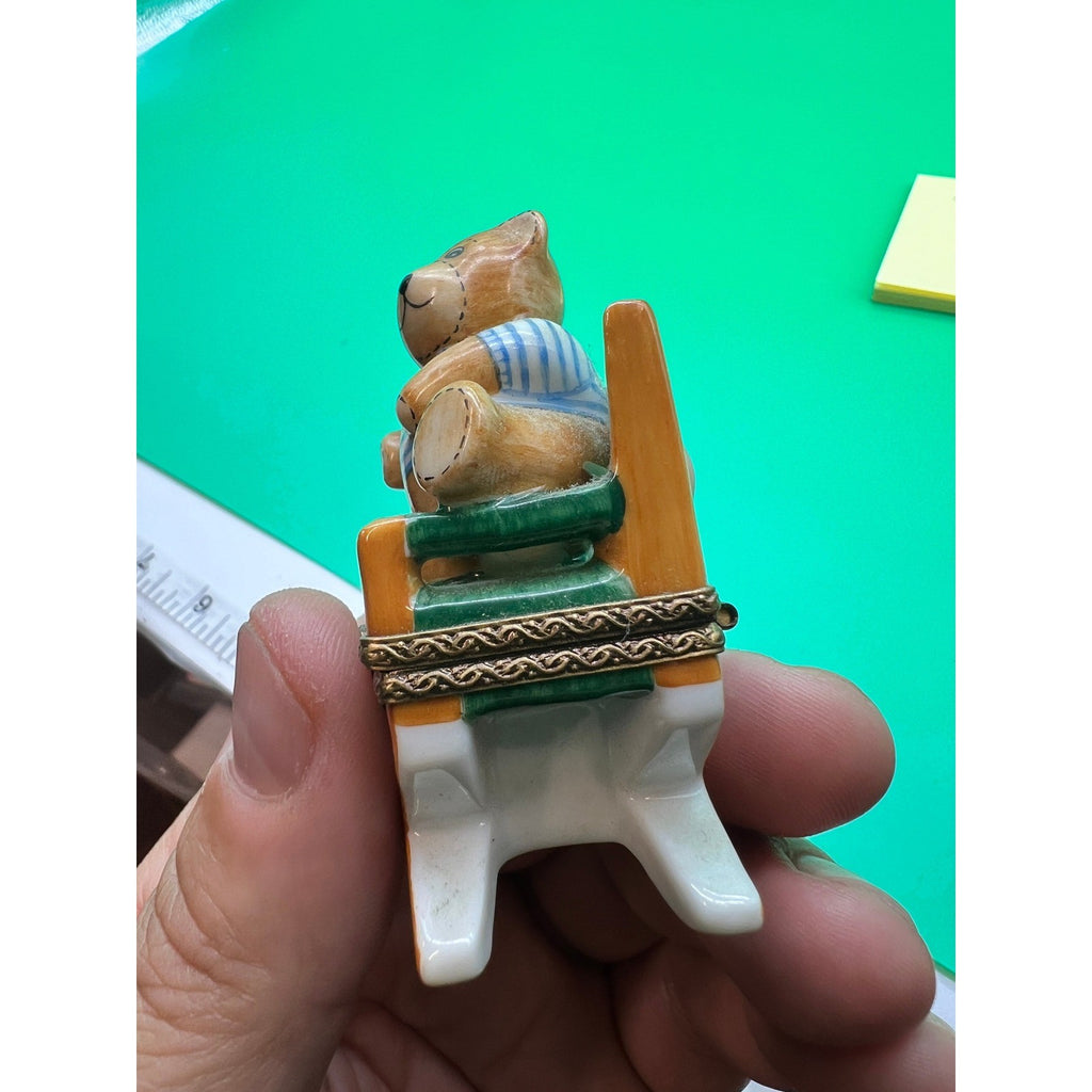 Vtg Limoges France Porcelain Teddy Bear In Director's Chair Trinket Box