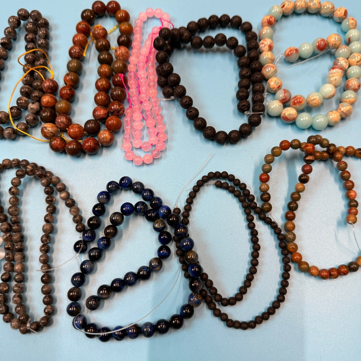 Set of 10 Natural Gemstone Round Beads Strands 15" Sizes 6,8,10 mm 12oz №B24