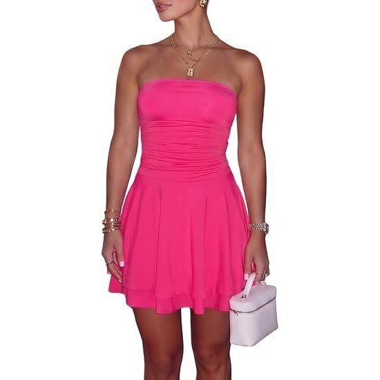 MSRP $49 ECHOINE Womens XS Rose Sexy Tube Top Silk Mini Dress Strapless Ruffle