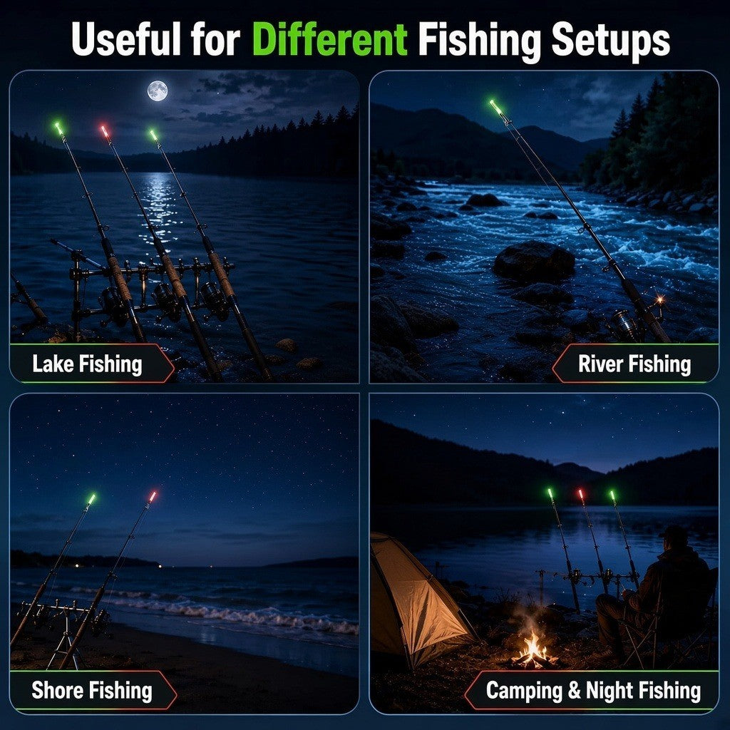 Set of 3 Fishing Rod Tip Lights LED Glow Sticks Bite Alarm Bells Red, Green