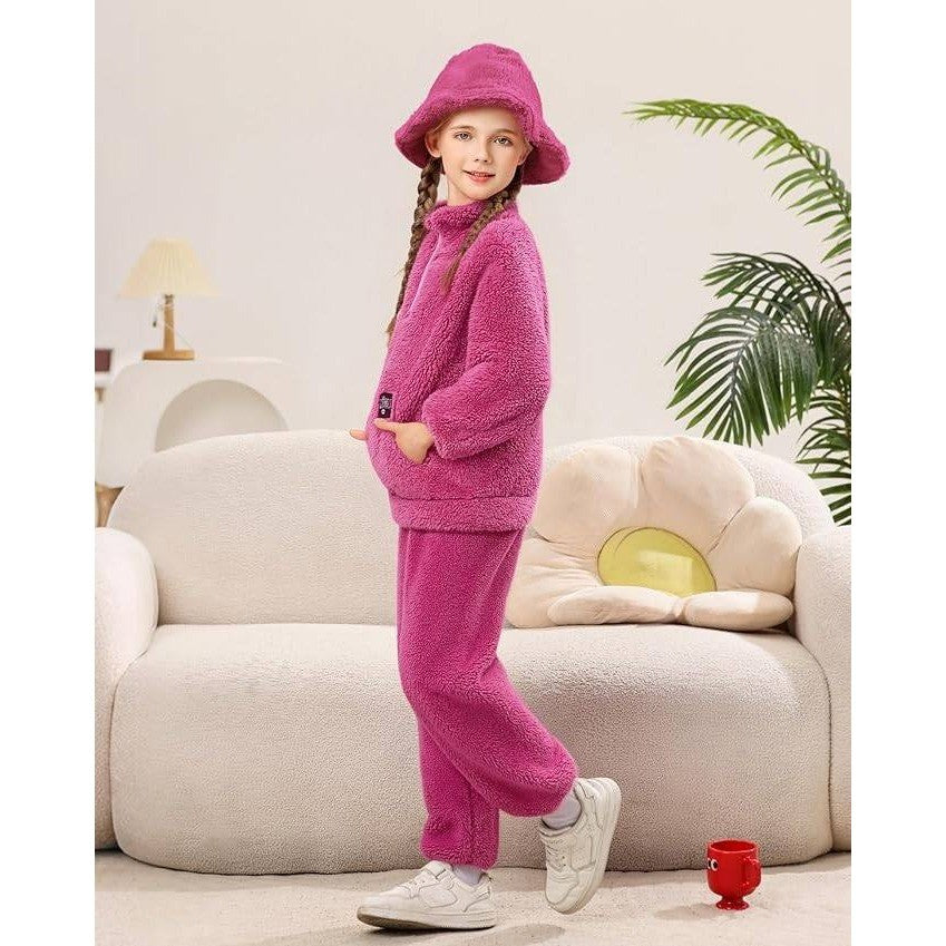 MSRP $32 Latnnut Girls 9-10 Years Fuzzy Pants Set Quarter-zip Sweatshirt w/ Kan