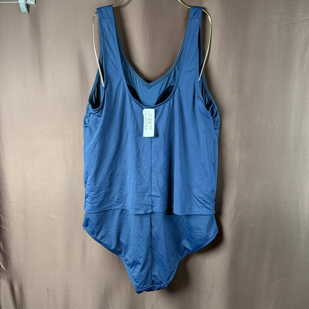 Lands' End Women's L LONG Deep Sea Navy V Neck One Piece Fauxkini Swimsuit