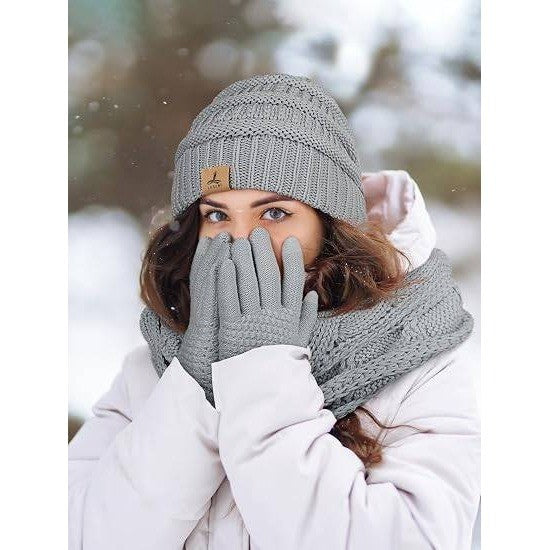 MSRP $20 LOROME Unisex Light Gray Winter Beanie Hat Scarf Gloves Set Warm Fleece