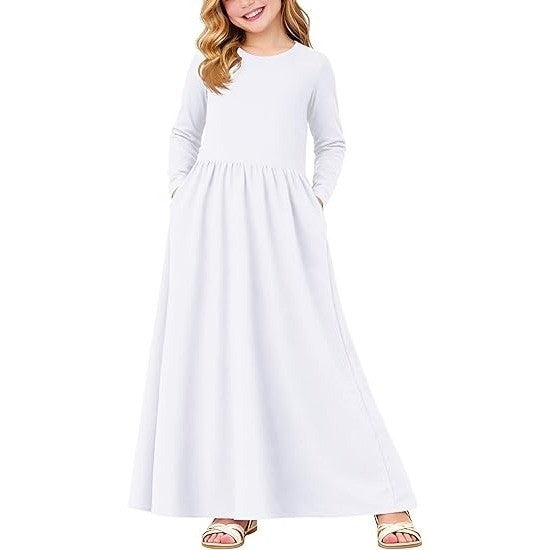 MSRP $26 Deerose Girls White 2XL 13-14Y Summer Maxi Dress w/ Pockets Long Sleev
