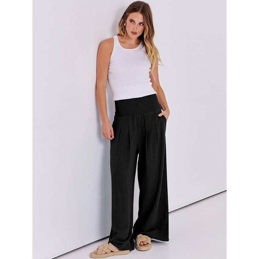 MSRP $36 ANRABESS Women's M Linen Palazzo Wide Leg Pants with Pockets Smocked