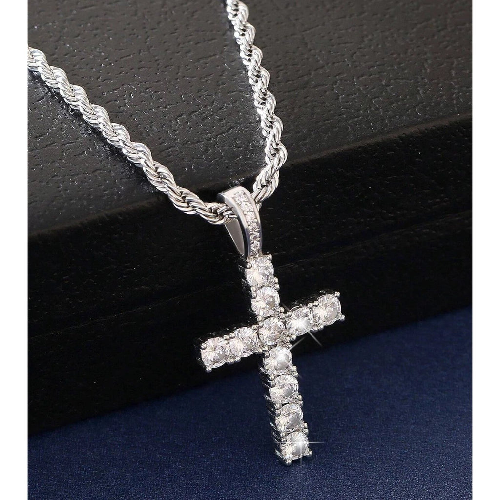 Necklace Cross Pendant Silver Tone Stainless Steel Twisted Rope Chain Women