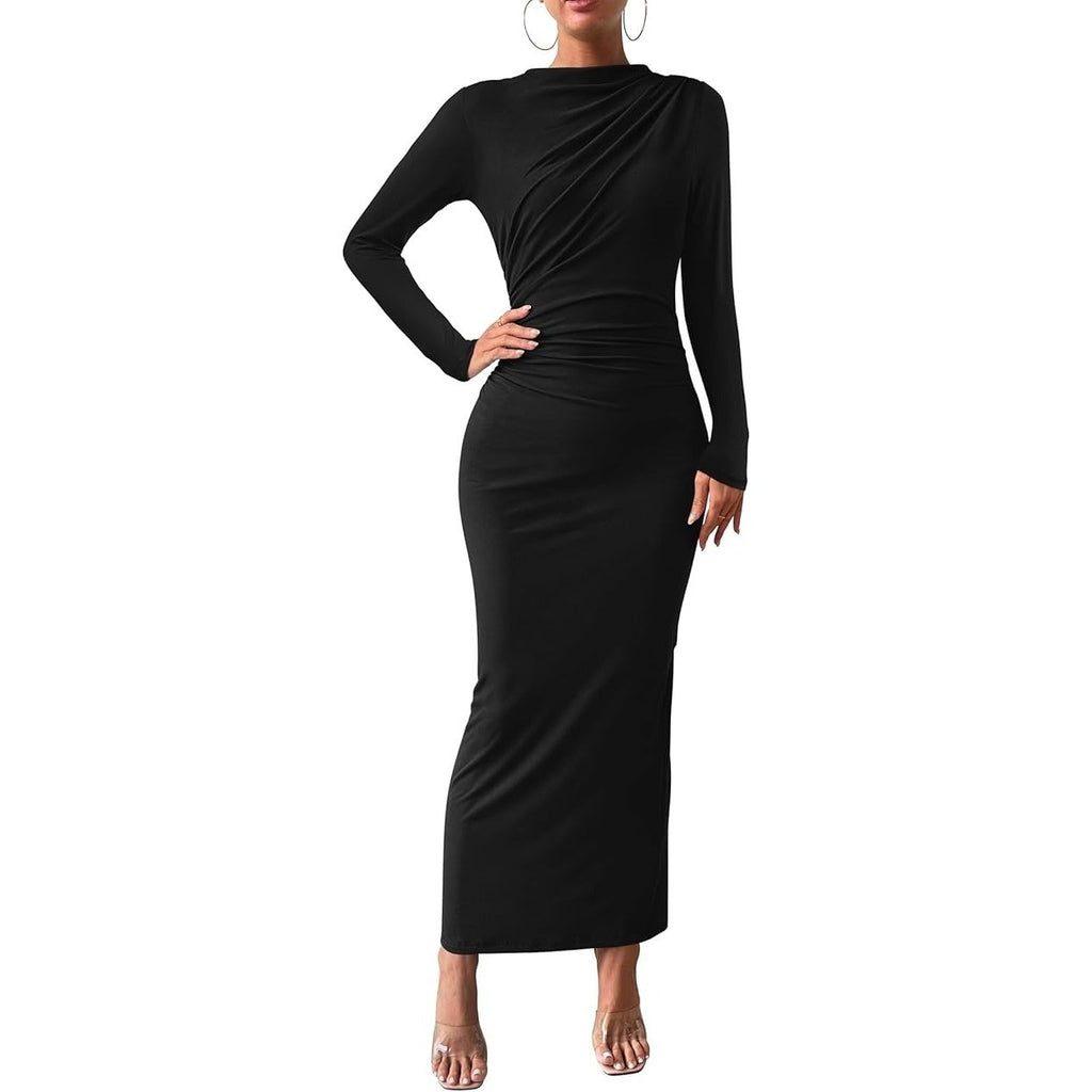 MSRP $64 BTFBM Women's S Black Bodycon Maxi Dress Long Sleeve Back Slit Ruched