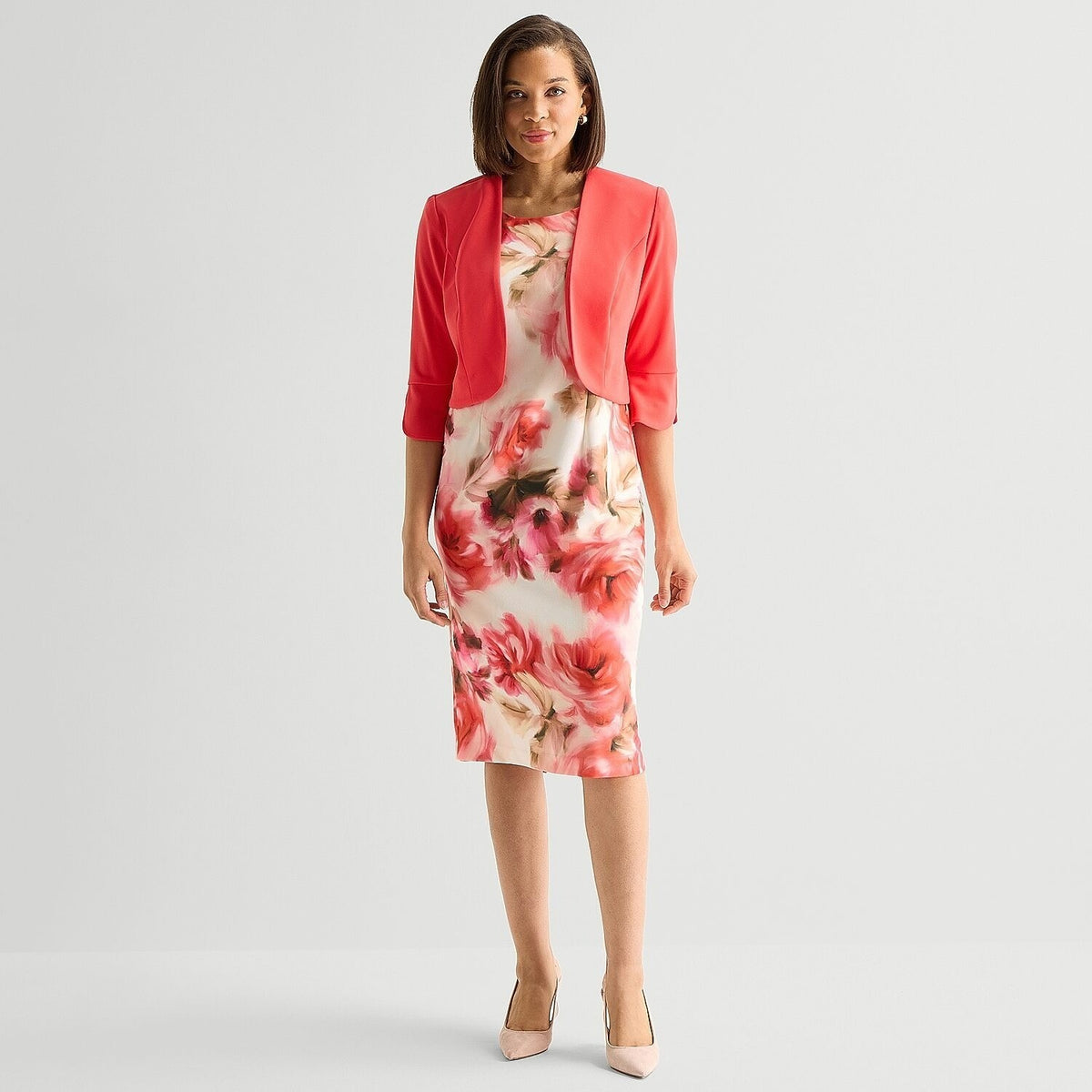 MSRP $94 Maya Brooke Womens 18 Coral Blush Two Piece Floral Jacket Dress