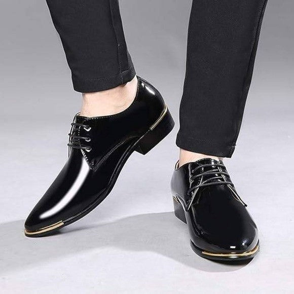 Santimon Men's US 8 Black Patent Leather Lace Up Pointed Toe Oxford Shoes