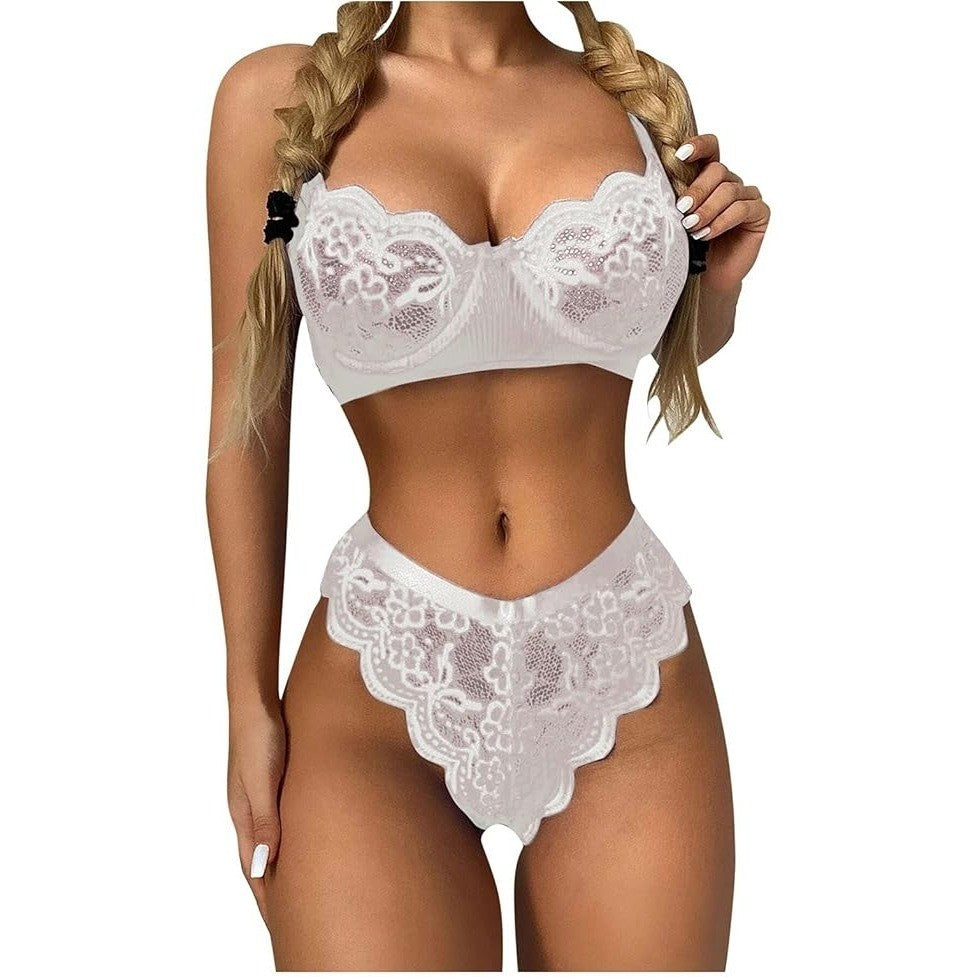 Women's 3XL White Floral Lace Lingerie Set Sexy Bra and Panty Two-Piece Underwe