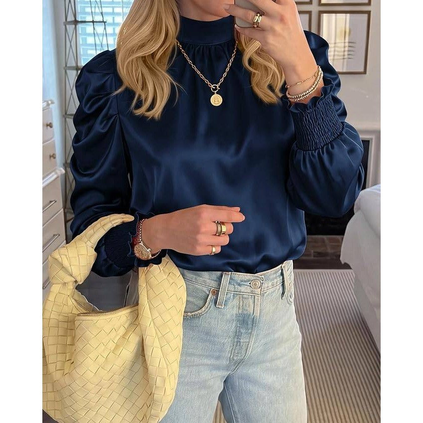 MSRP $23 BTFBM Women's XL Navy High Neck Long Sleeve Satin Blouse Dressy Puff