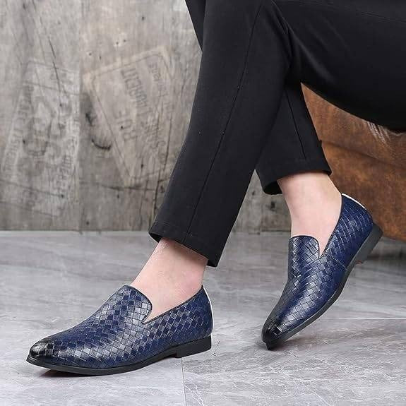 Santimon Men's US 6.5 Blue Woven Moccasin Leather Slip On Smoking Loafers Shoes