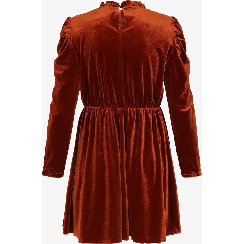 Women's M Chestnut Velvet Mini Dress Long Sleeve Ruffle Neck Pleated Skirt