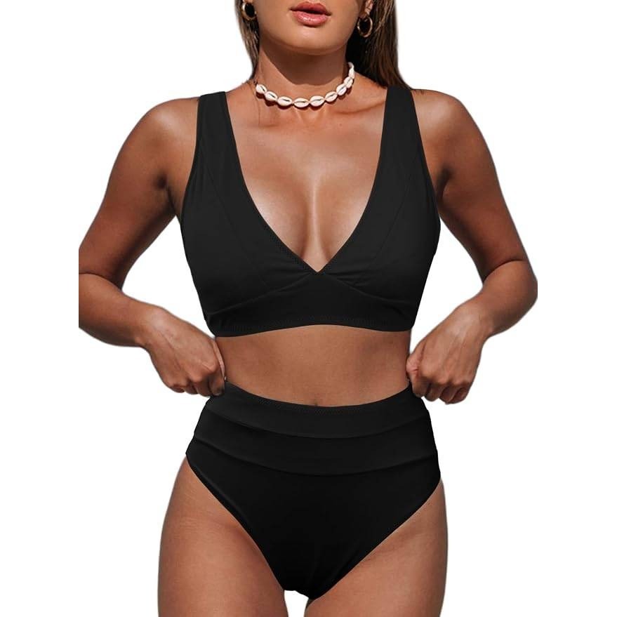 MSRP $50 Hilinker Women's S Bikini Set V Neck High Waisted Swimsuit 2 Piece B